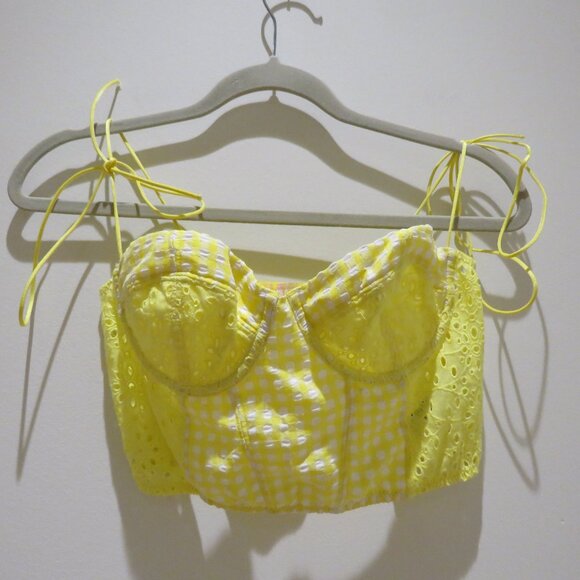 URBAN OUTFITTERS Sweet On You Gingham Eyelet Lace Bustier Top Yellow Cottage NWT - Picture 3 of 10